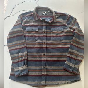 VISSLA Men's Striped Button Down Shirt - Blue, Gray, and Red